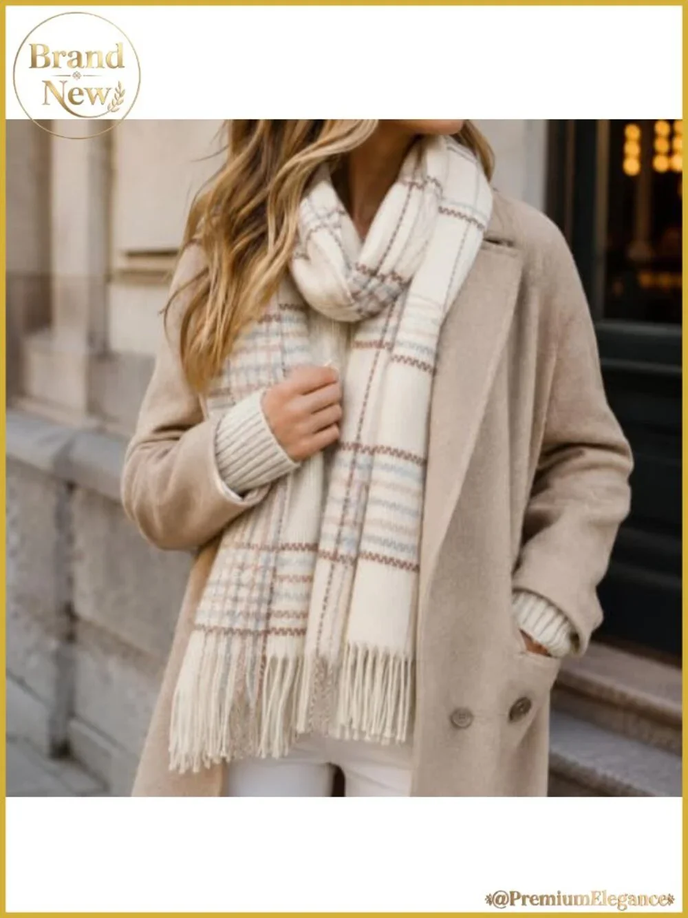 Oversized Plaid Winter Scarf Shawl Wrap with Tassels - Polyester Blend